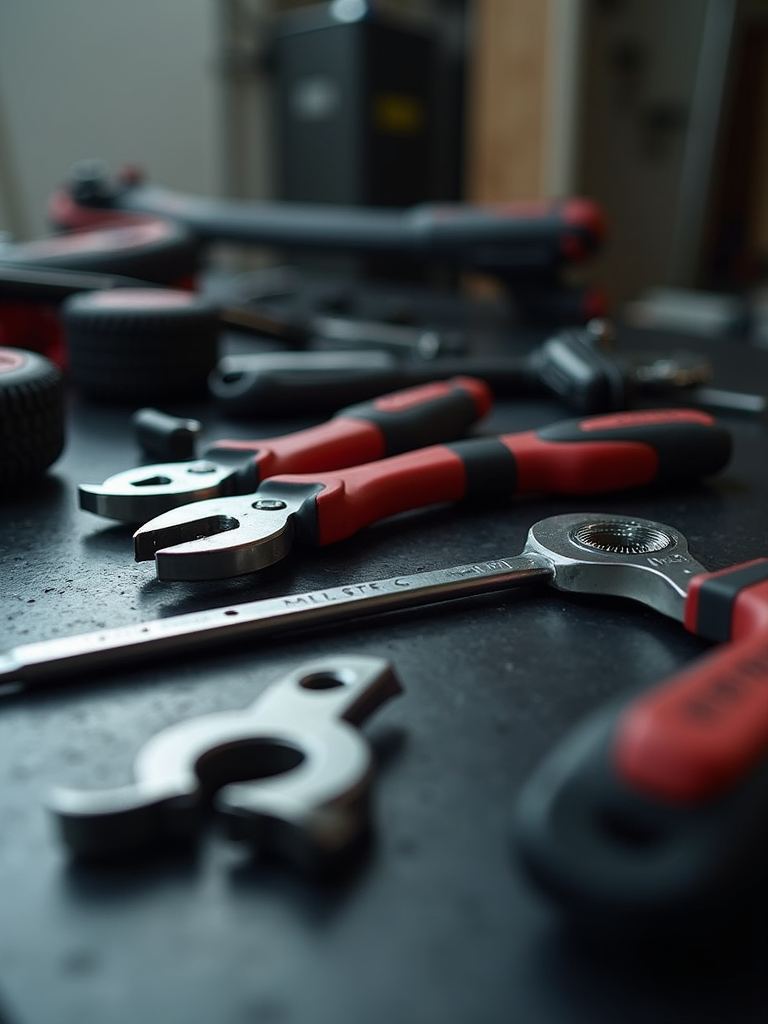 A collection of professional-grade automotive tools laid out with precision on a clean surface.