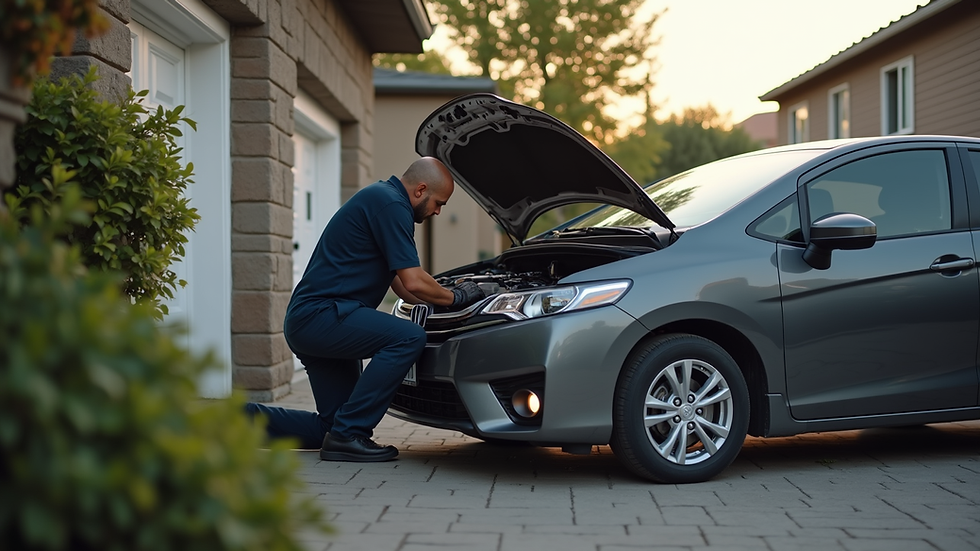 Eye-level view of a mobile mechanic working on a car in a residential driveway