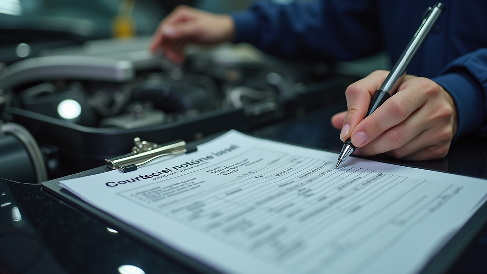 Close-up view of a mobile auto care technician writing a detailed service quote