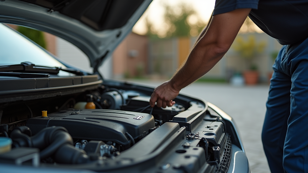 Eye-level view of a mobile mechanic working on a car engine in a driveway