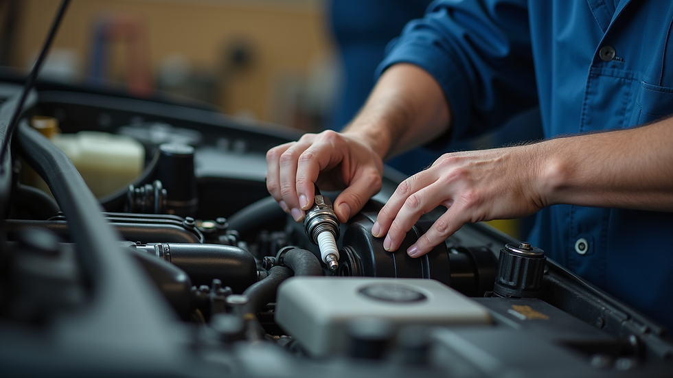 Close-up view of a mechanic replacing spark plugs during a vehicle tune-up
