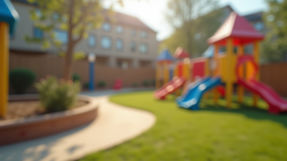 Close-up view of a preschool playground with colorful play equipment