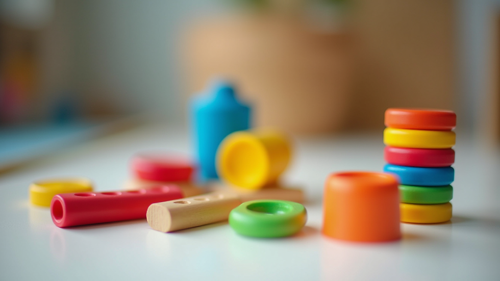 Close-up view of colorful educational toys arranged for a creative learning activity
