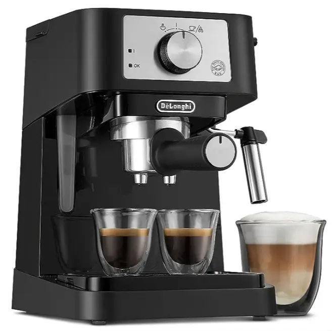 The espresso make contains several attachments for single and double shots of espresso. It also has a milk frothing attachment.