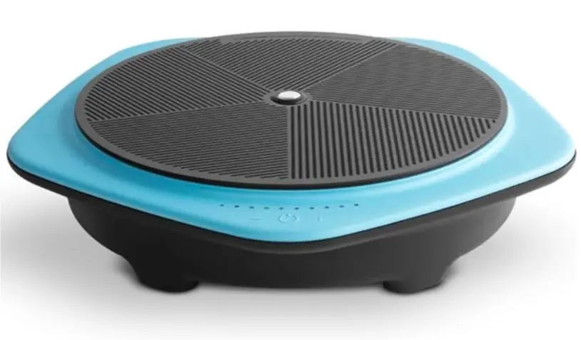 The induction cooktop is featured in an aqua blue color. It has nine heat settings.