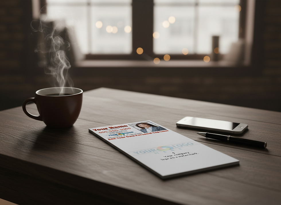 Close-up view of a stack of custom printed notepads on a wooden desk