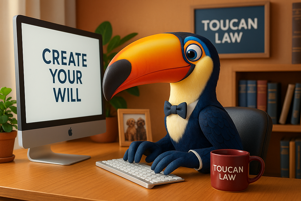 A toucan in a bow tie types at a keyboard. Screen reads "CREATE YOUR WILL." Office setting, books, plant, red mug "TOUCAN LAW."