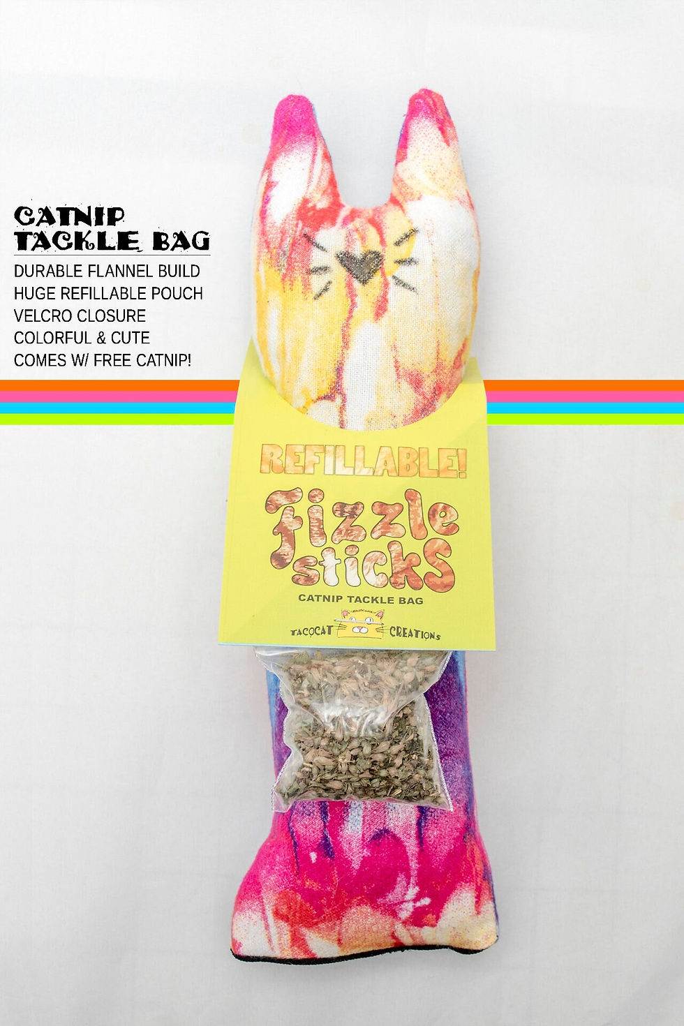 Thumbnail: Fizzle Sticks Rainbow Tie Dye Refillable Catnip Kicker Toy