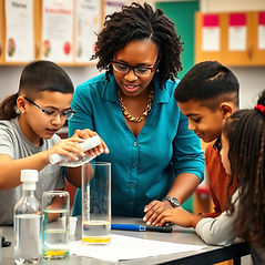 black female adult science teacher working with white, black, Asian and Hispanic middle sc