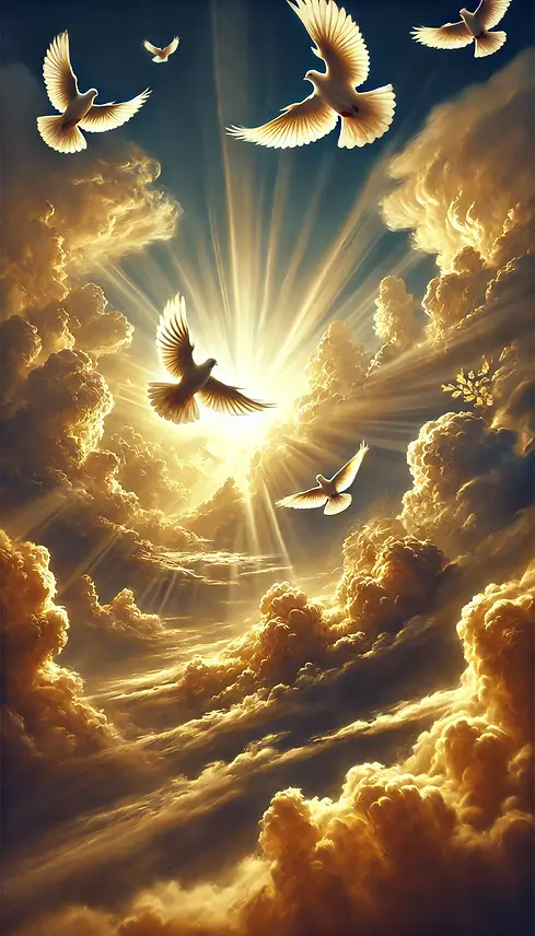 A dramatic scene of the sky with rich, billowing clouds and powerful beams of light breaki