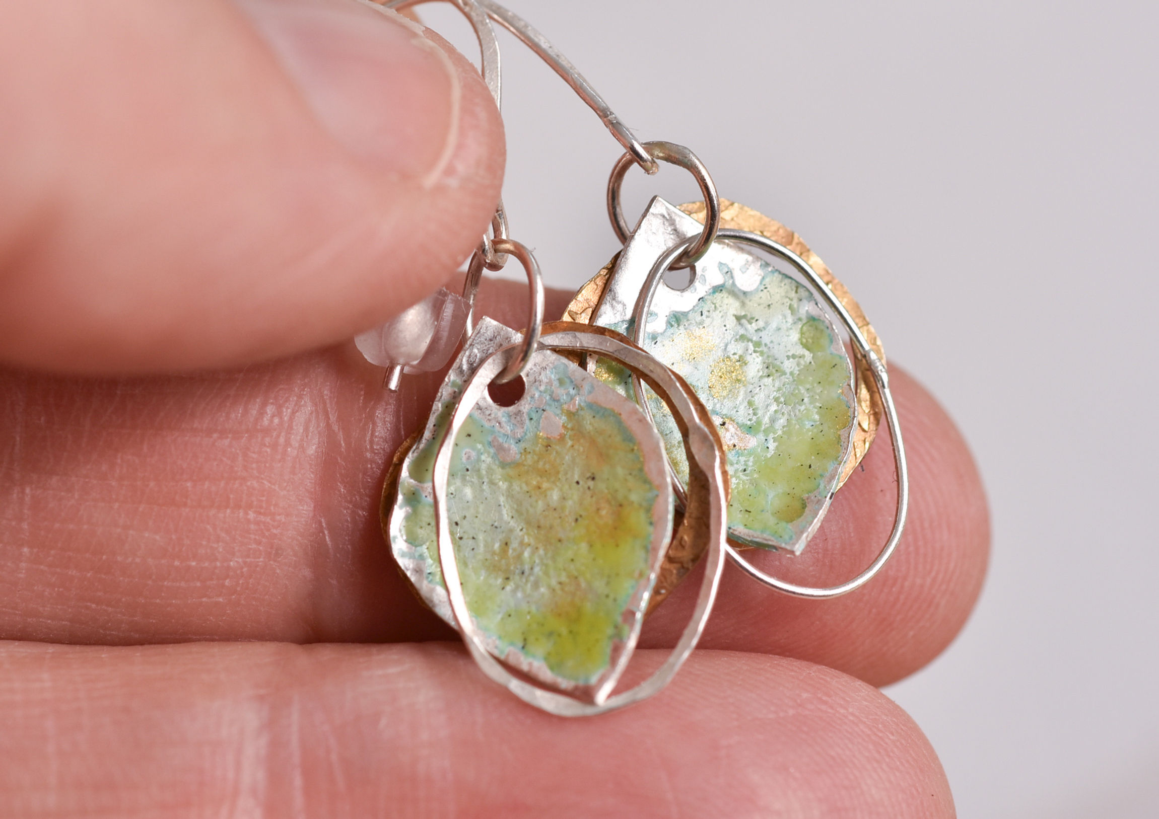 Silver, enamel and plated gold green drops