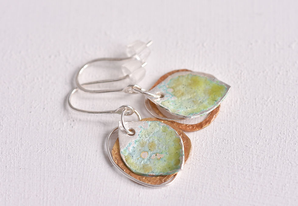 Thumbnail: Silver, enamel and plated gold green drops