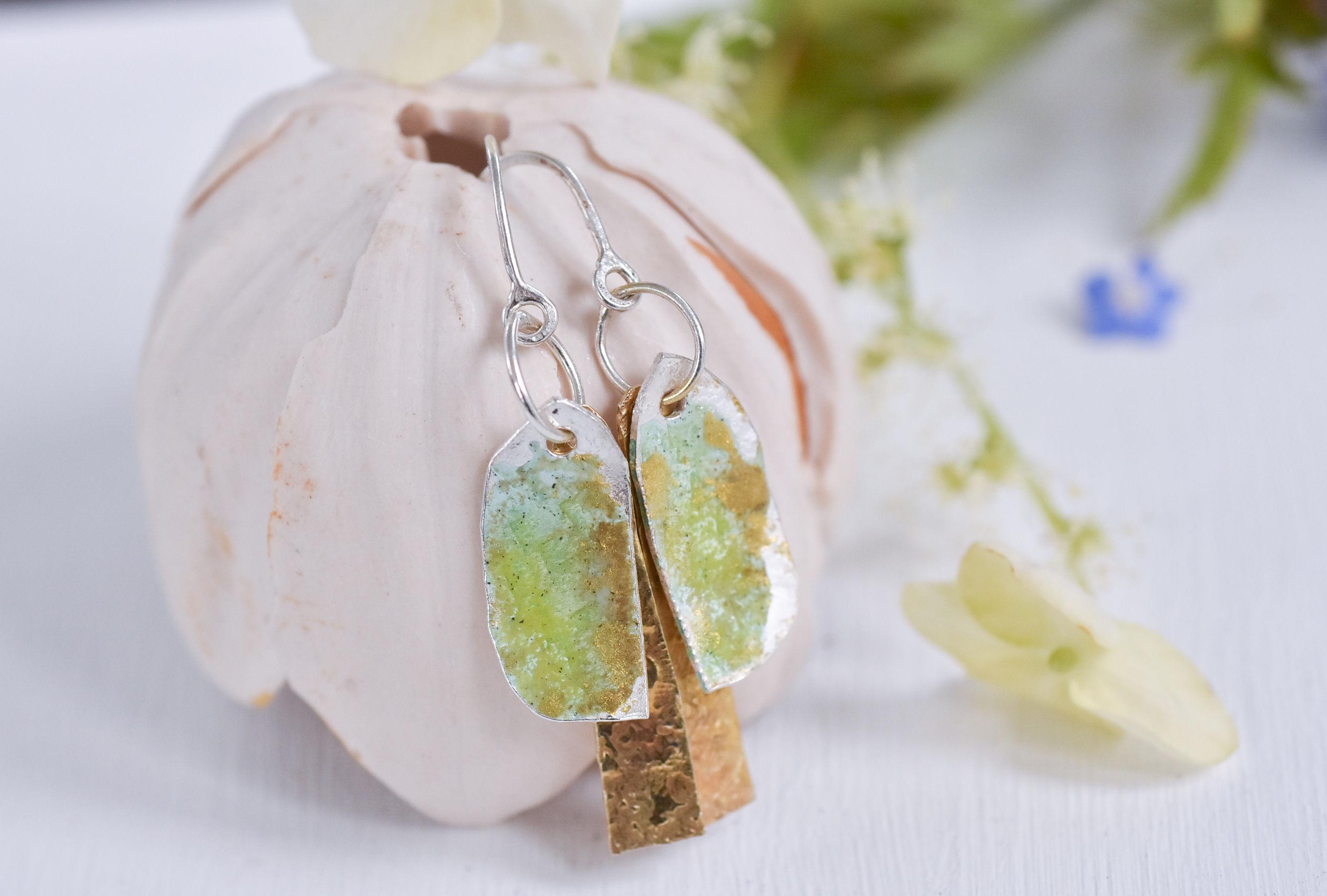 Silver, enamel and gold plate bright green drops