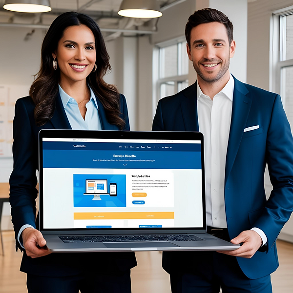 a man and a woman holding a laptop showing a website we created