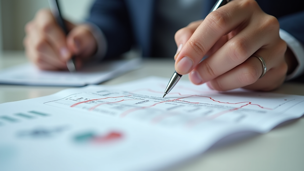 Close-up view of a person reviewing mortgage documents with a pen
