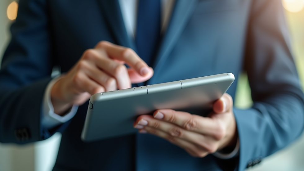 Close-up view of a business person analyzing CRM data on a tablet