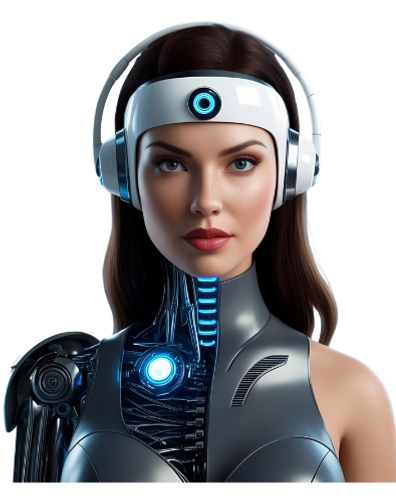 a woman that is half robot and half human with a headset 