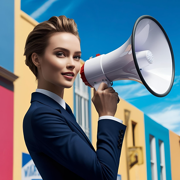 an xx7 ai character holding up a megaphone