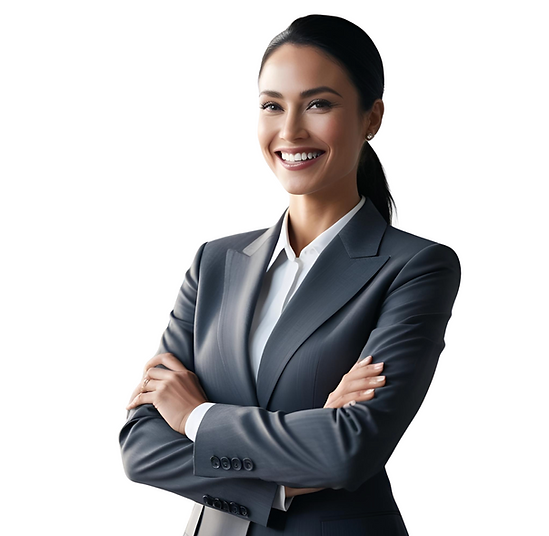 an xx7 ai female representative wearing a suit and smiling
