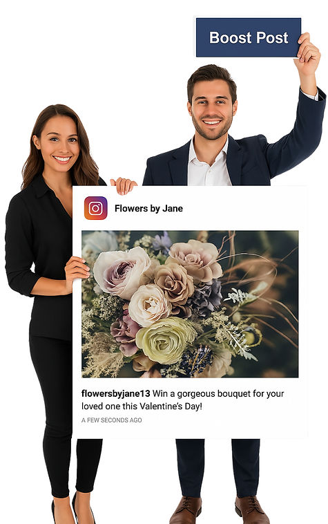 a man and a woman holding a mock up of a social media post