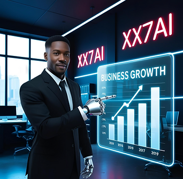 an xx7 ai business growth expert pointing to the business growth chart