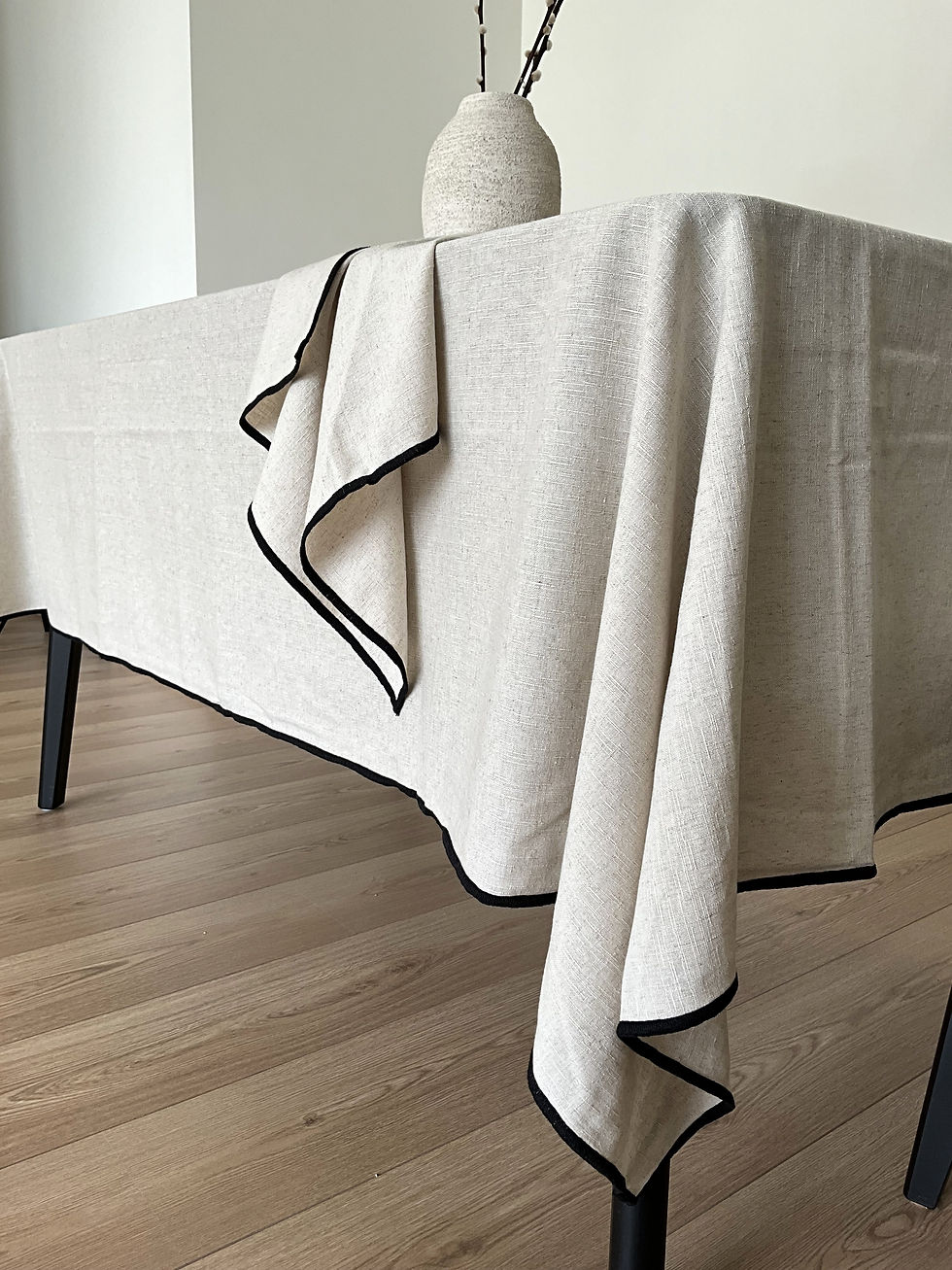 Beige with black trim tablecloth made of linen and cotton made in Portugal