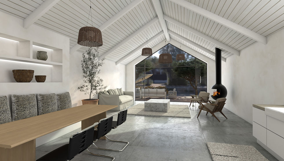 3D rendering of a bright living room in Alentejo style