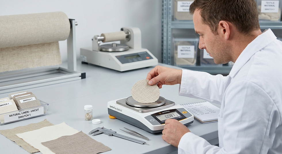 Technician testing linen fabric weight in a lab