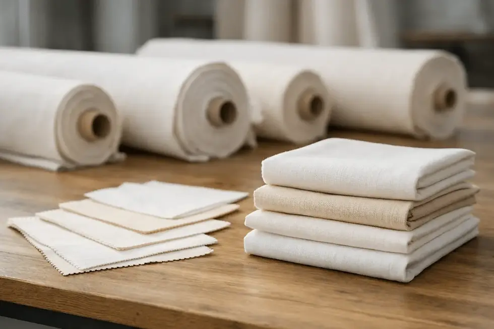 organic cotton fabric rolls and swatches displayed on table