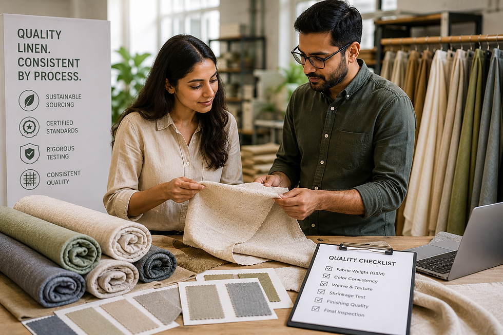 Textile inspector examining linen fabric quality