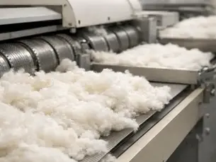 organic cotton fibers being carded in textile manufacturing facility