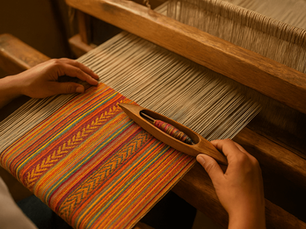 Hands weaving colorful striped handloom fabric on a wooden loom, with vibrant red, yellow, and orange patterns. Warm, artisanal setting.
