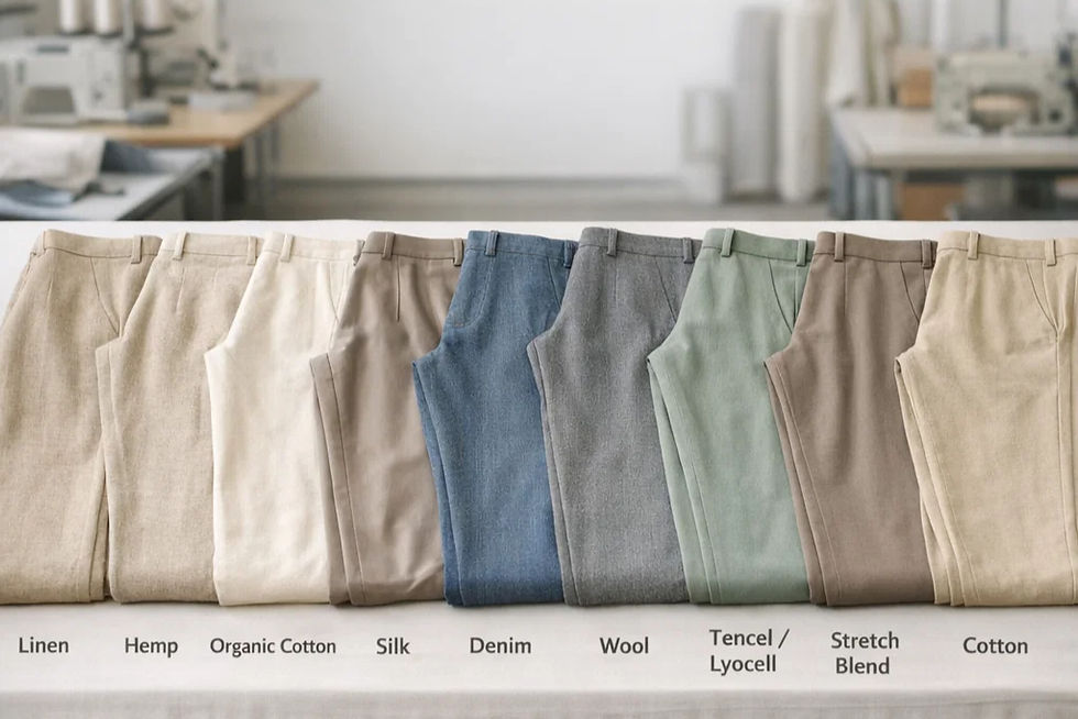 trouser fabrics sampling displayed on table.