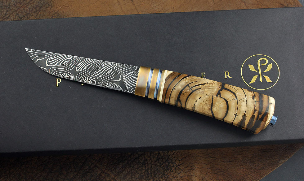 Indexkép: prémium mozaik damaszk acél pengéjű  Pyraster kés, titán, réz, mamutagyar markolattal