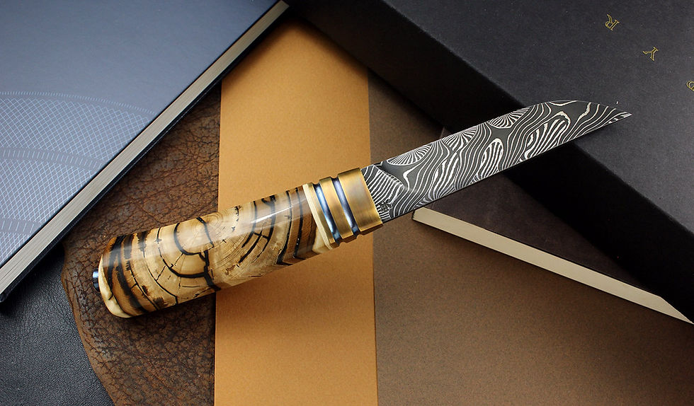 Indexkép: prémium mozaik damaszk acél pengéjű  Pyraster kés, titán, réz, mamutagyar markolattal