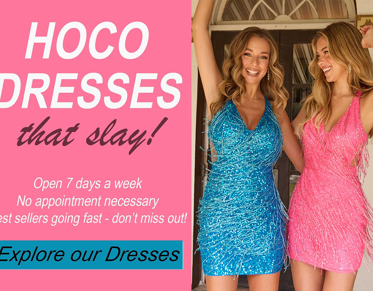Two models wearing blue and pink homecoming dresses at Bellavita Gowns near Savannah, Georgia