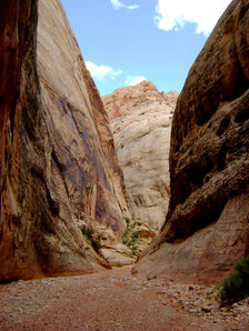 Grand Wash slot-like canyon section towering rock walls Capitol Reef Utah
