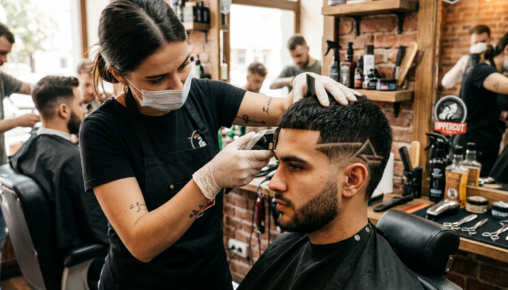 Eye-level view of a barber shaping a clean line design into short dark hair