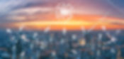 5G network on city background. The wireless communication technology network links work in