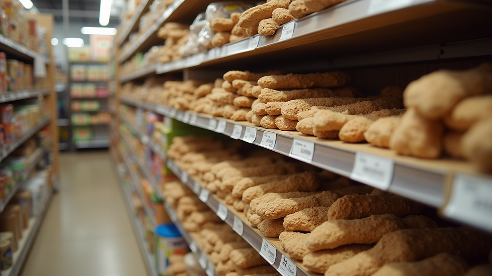 Eye-level view of a store shelf filled with natural dog treats