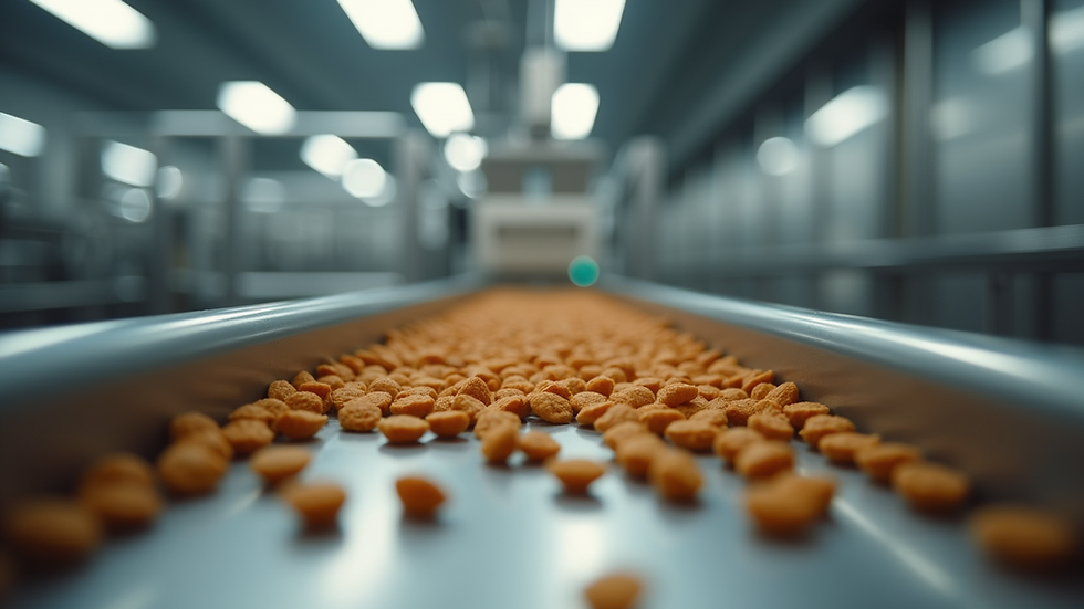 Close-up view of pet food production line with kibble being packaged