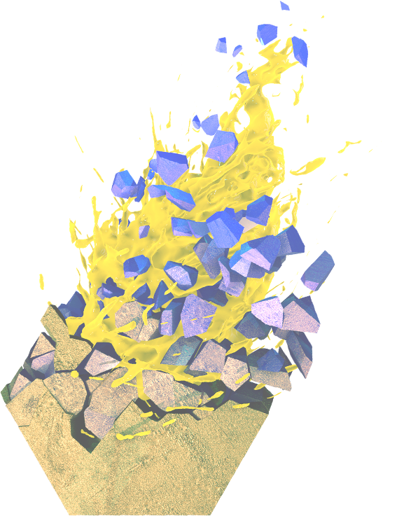 Exploding chunks of flying purple rock and yellow go emitting from a hexagon Element 3D