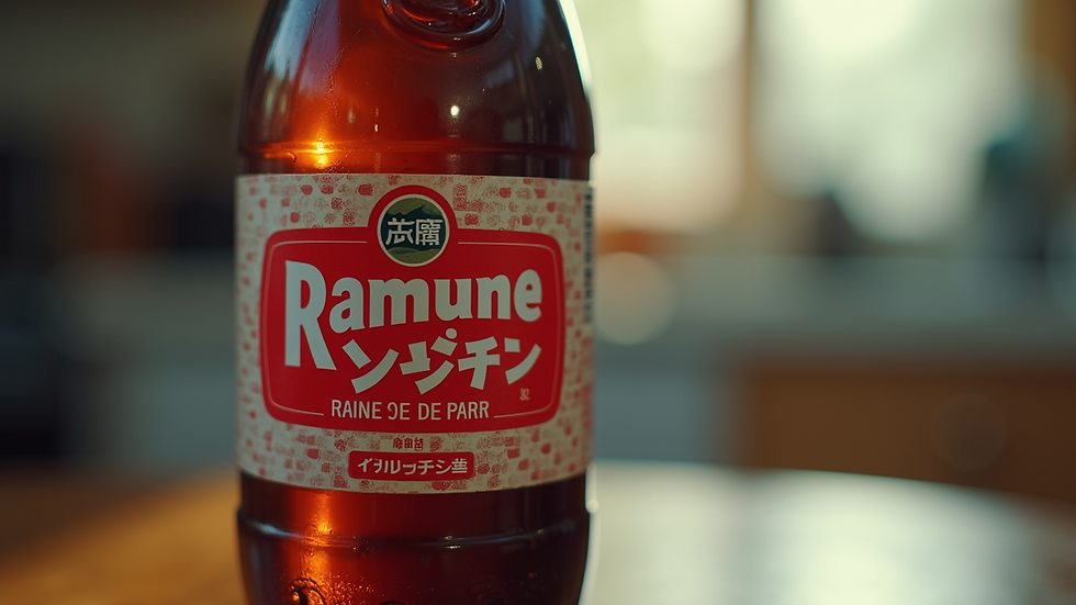 Close-up view of a classic Ramune soda bottle with a marble seal