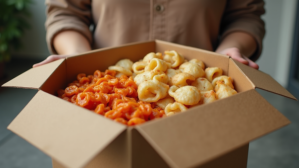 Eye-level view of a delivery box filled with assorted Asian snacks