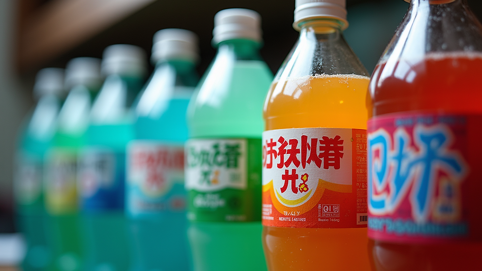 Eye-level view of a variety of Ramune soda bottles lined up