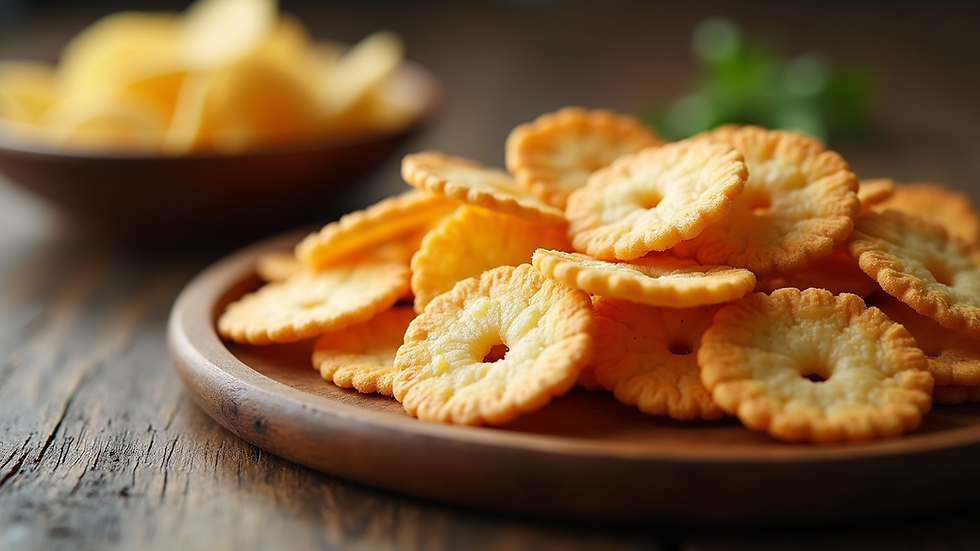 Eye-level view of a variety of Asian rice crackers and chips on a wooden tray