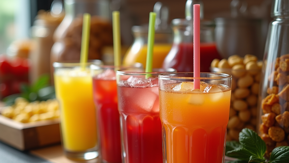 Eye-level view of a colorful display of Asian drinks and snacks