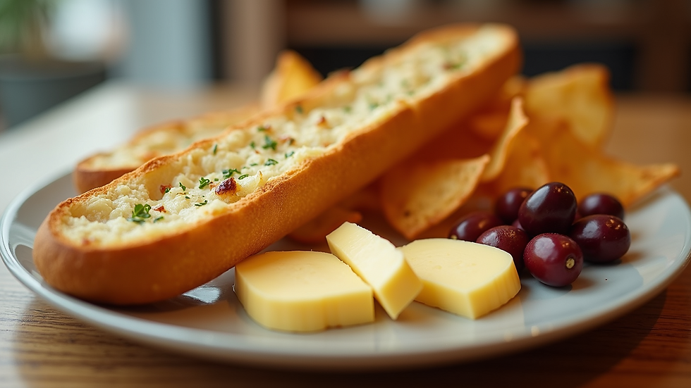 Eye-level view of a snack platter featuring garlic baguette sun chips with cheese and olives