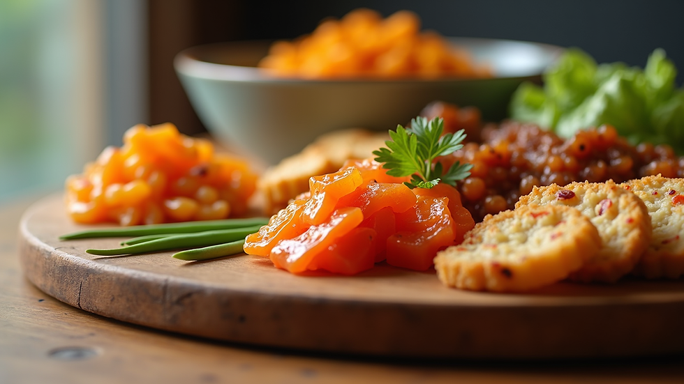 Eye-level view of a colorful assortment of Asian snacks on a wooden table