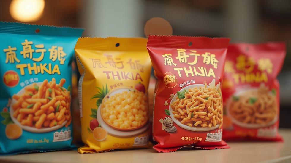 Close-up view of colorful Asian snack packages arranged on a table